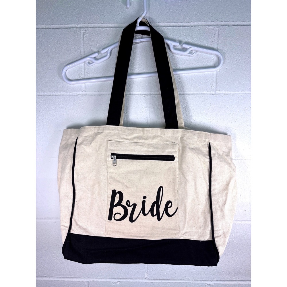 Bride Canvas Tote Bag Cream Black Wedding Bachelorette Zipper Pocket Large